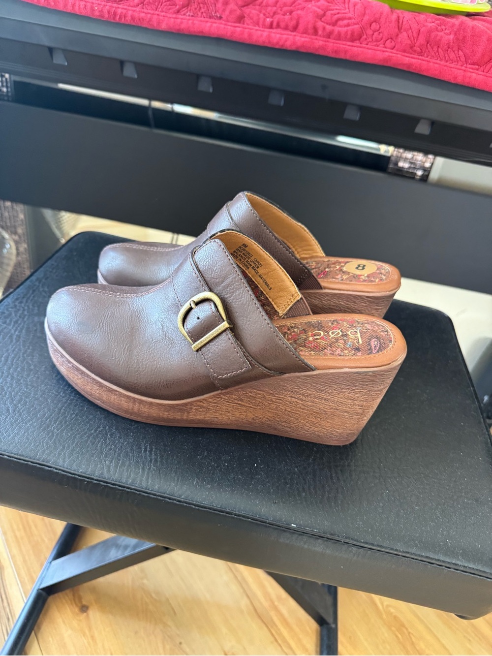 Women's Brown Leather Wedge Clogs with Buckle